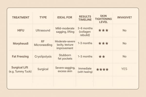 Table showing the comparisons of Skin tightening Ealing treatment options.